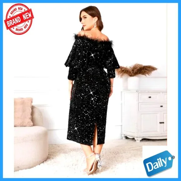 Sequin Off Shoulder Bodycon Midi Dress Formal Party Cocktail Evening Wear